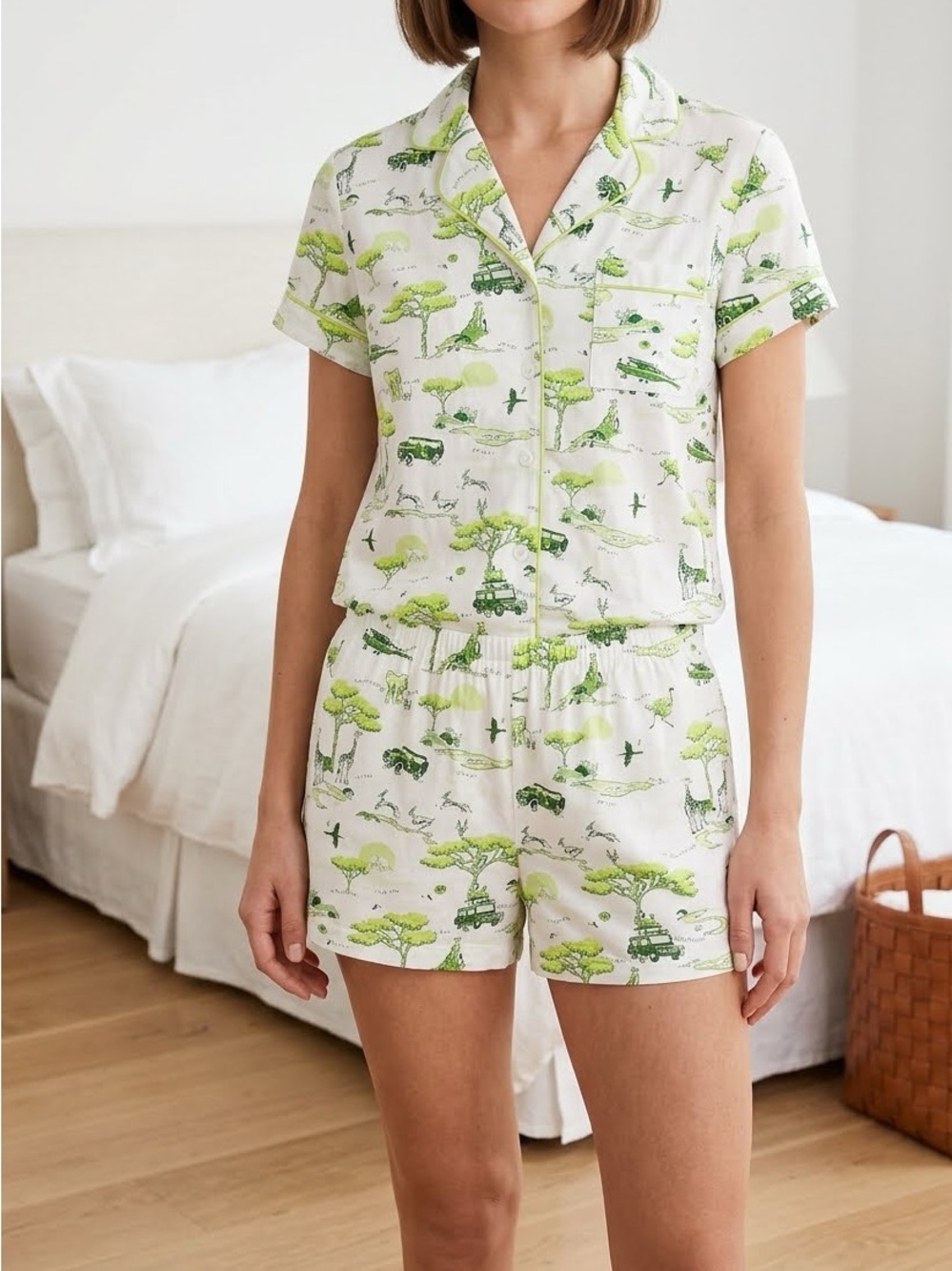 NWT Kate Spade Short Sleeve Shorty PJ Set Safari Print Green/White Size S Preppy